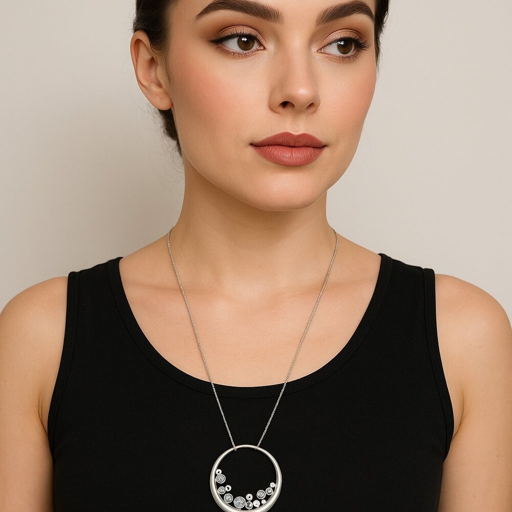 Macy's Sliver Tone Textured Necklace & AB Crystal Pendant